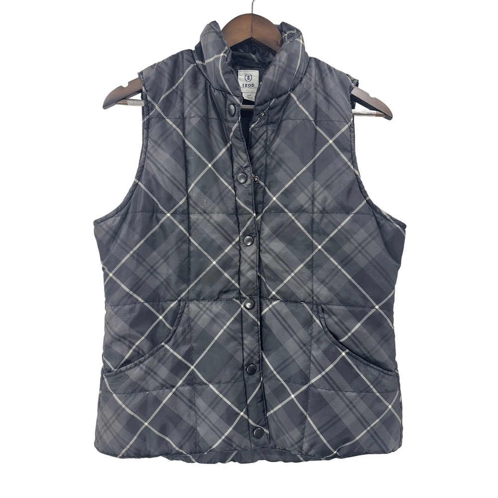 IZOD Women Quilted Plaid Vest Puffer Gilet Snap Front Pockets Size S/P